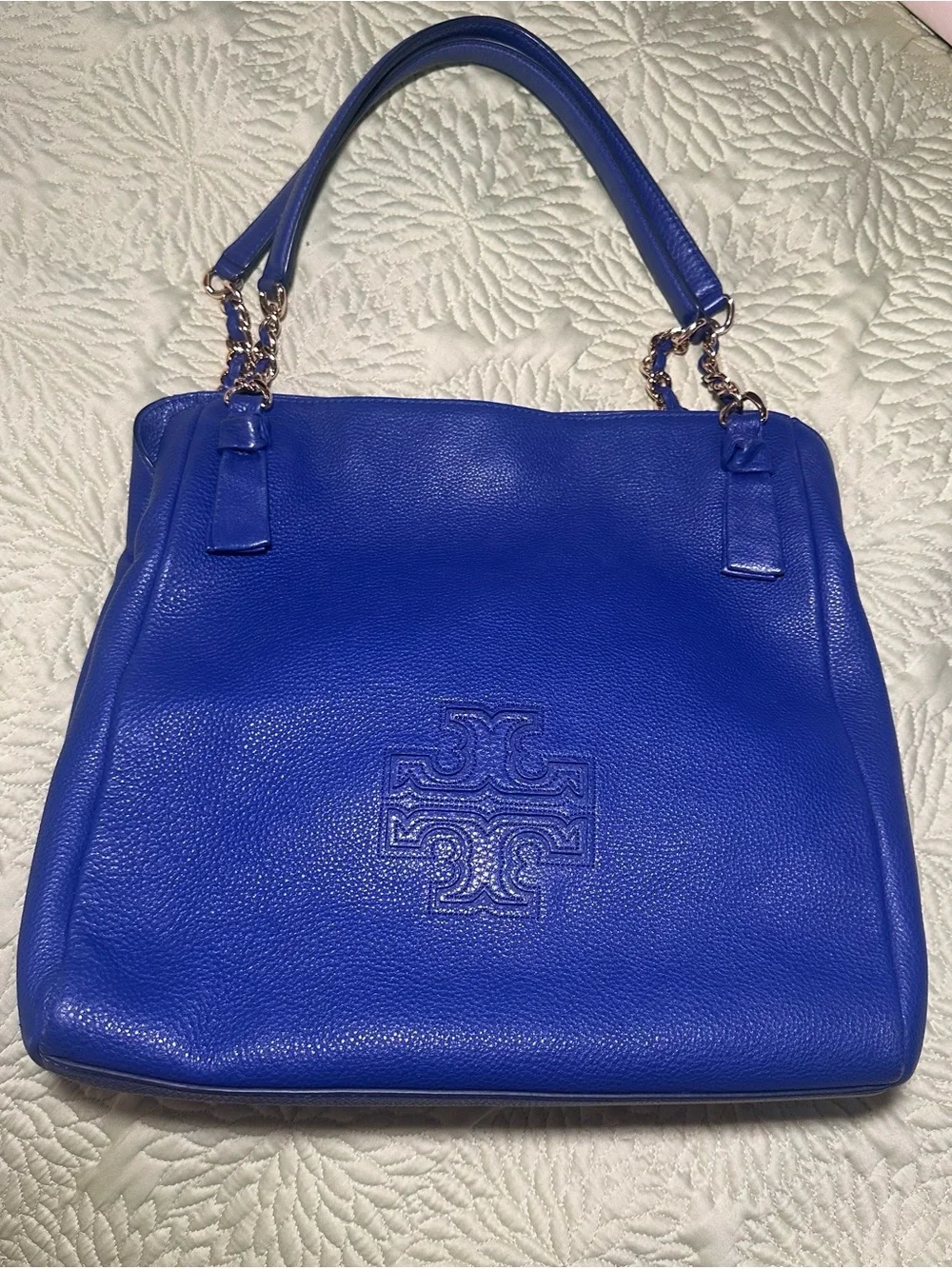 Tory Burch Harper Cobalt Blue Pebbled Leather Shoulder Tote Bag